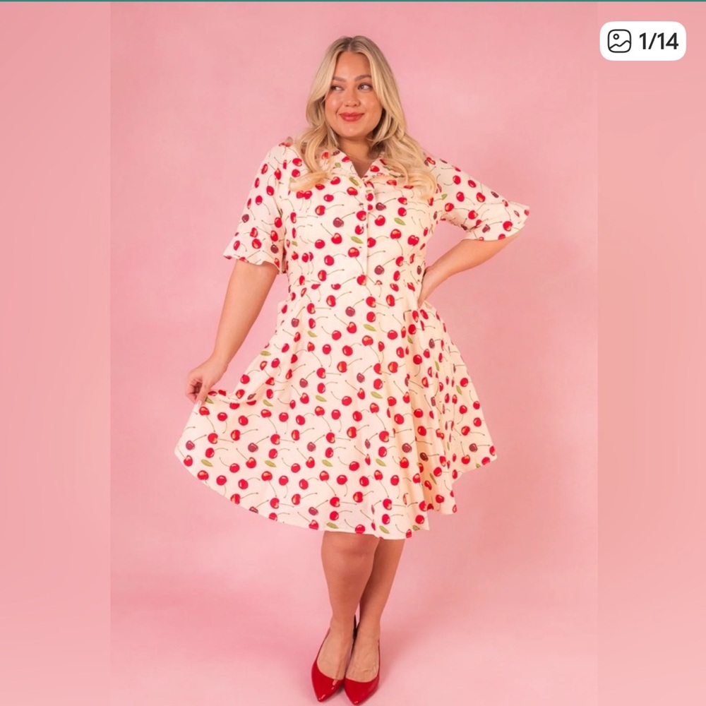 Ivy City Co Cherry Print Ruffle Collar June Pinup Dress Women's 32W 100% Cotton